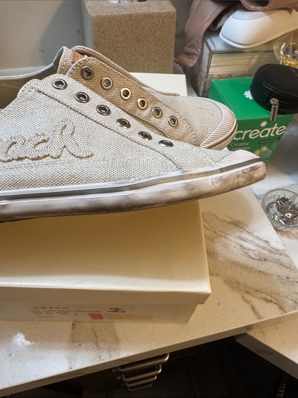 Coach Beige Canvas Slip-On Sneakers with Tan Leather Logo - Picture 7 of 7